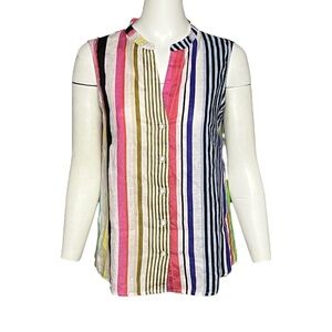 Vilagallo Linen Sleeveless Top Size Large (44) Women Multicolor Stripe Button Up